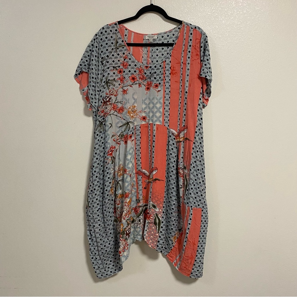 Orientique Naturally Australia Dress Womens Size 1X Floral Crane Patchwork Dress